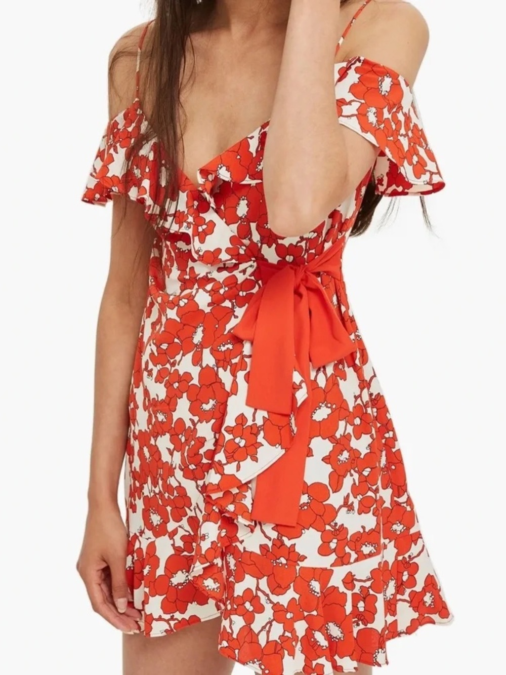 Topshop One-Shoulder Floral Wrap Mini Dress in Orange and Cream